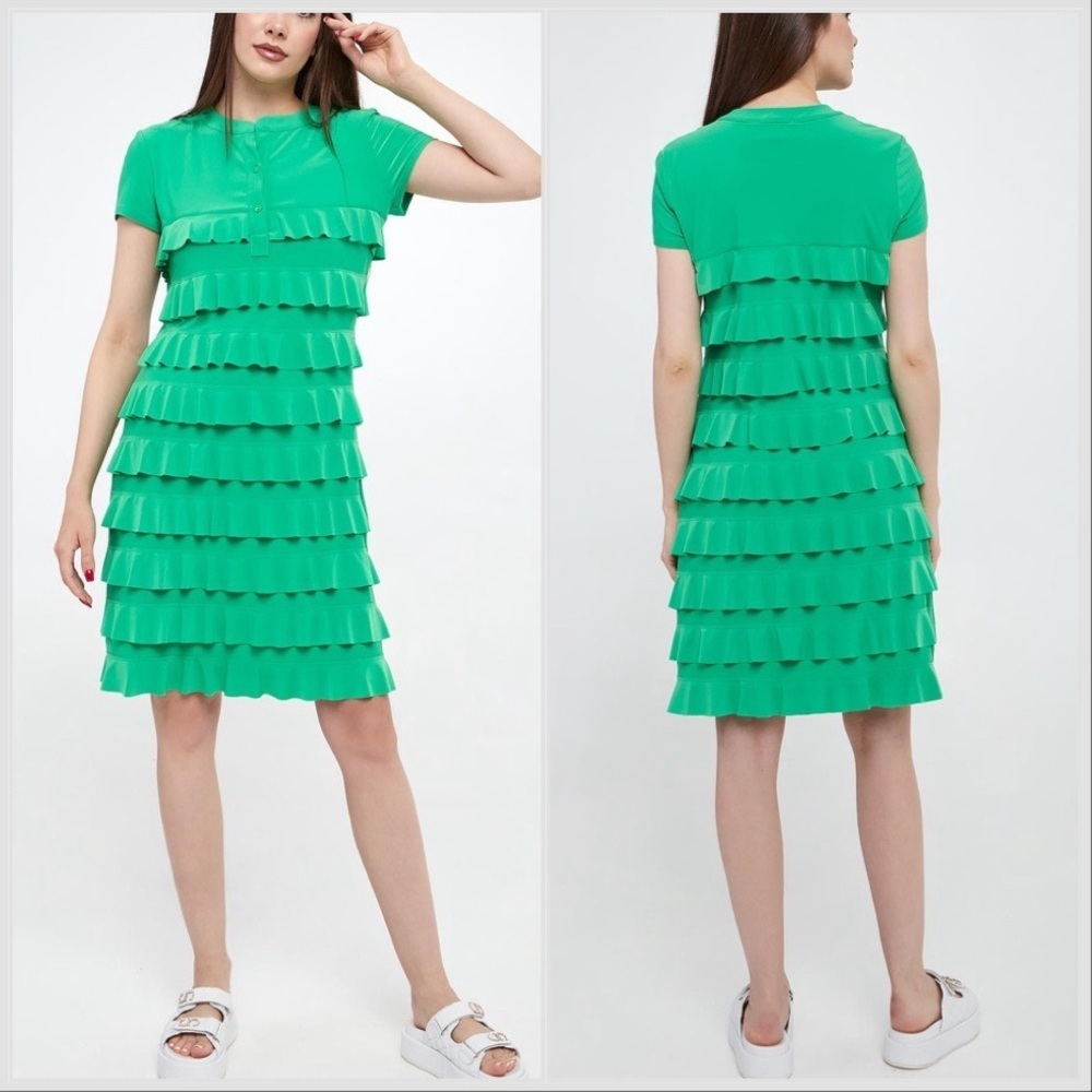 Joseph Ribkoff Ruffled Knee Length Dress Style 211350 Island Green Sz 2